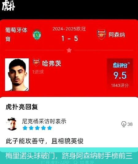 梅里诺头球破门，跻身阿森纳射手榜前三